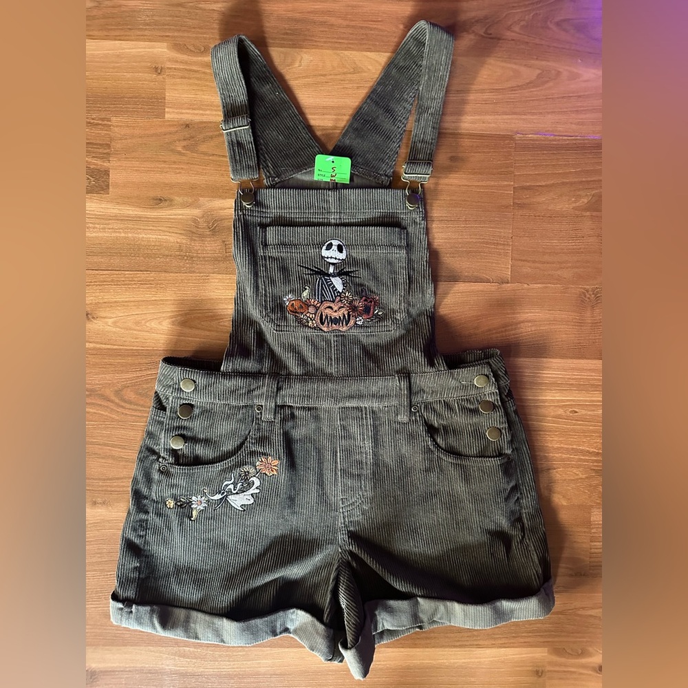 Corduroy Overalls with Jack Skellington Embroidery - Olive Green